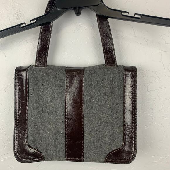 Hobo International Bag Gray Wool and Brown Patent Leather Old Money Classic - Picture 2 of 6